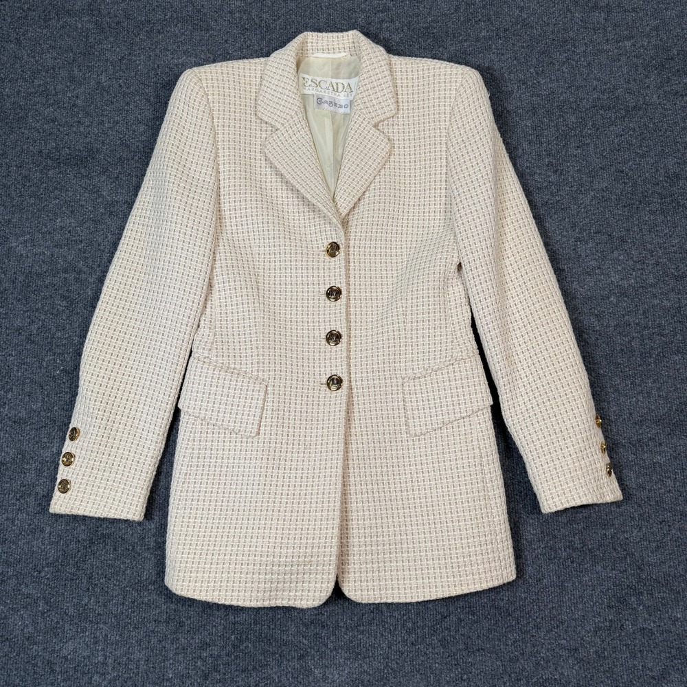 Vintage Escada Margaretha Ley Tweed Blazer Gold Logo Buttons Wool Cotton Beige S